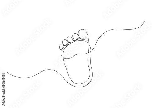 Footprint, leg silhouette baby child one continuous line drawing. Hand drawn isolated outline newborn bare foot. Vector illustration