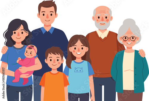 Cartoon multigenerational family illustration with grandparents, parents, children, baby, happy diverse relatives together showing love, unity, support, bonding