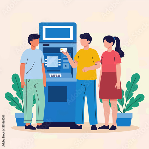Three people using an ATM flat design modern vector illustration