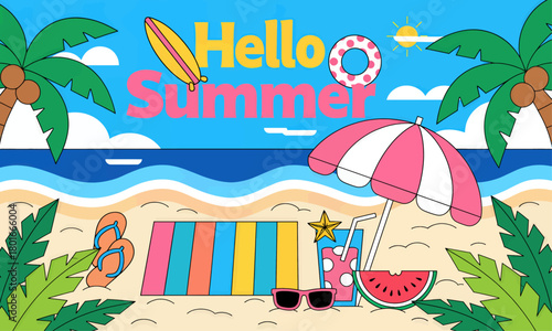 Tropical beach scene with summer essentials, vibrant flat design