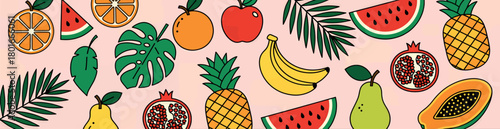 Tropical fruit and leaves flat vector design, seamless pattern