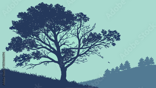 Tranquil Blue Silhouette Landscape with Lone Tree on Hill; Minimalist Nature Scene, Vector Illustration of Serene Hilly Terrain and Forest in Misty...