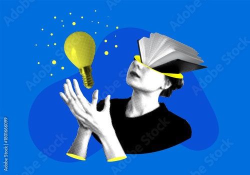 Concepts of knowledge, learning, and education. Halftone woman with book in her head holds a light bulb. Contemporary collage. Knowledge is power. Idea concept. Scientific discoveries, brainstorm