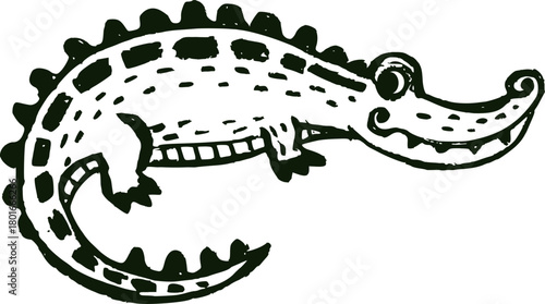 Black and white, hand-drawn illustration of a crocodile with large eyes, a crest on its back, and a curved tail, lying on its side and smiling.