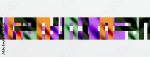 Abstract colorful blocks form text. Letters appear distorted, vibrant hues dominate composition. Minimalist design, simple background.