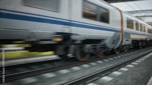 High-speed train in motion, blurring past on tracks, dynamic perspective.