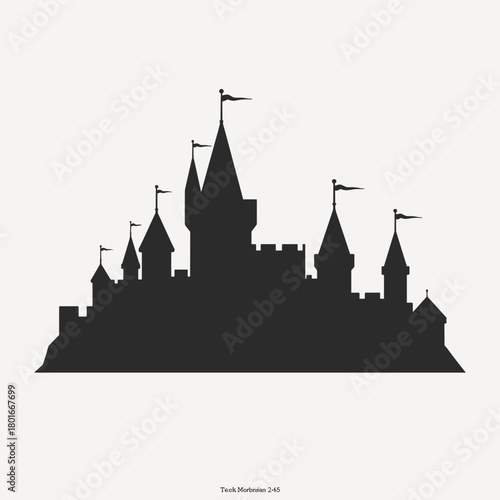 Silhouette of fairy castle in dark color on light background. Dark silhouette gives clear shape of fairytale castle with towers and flags. Use fairy castle silhouette in storybook illustration.