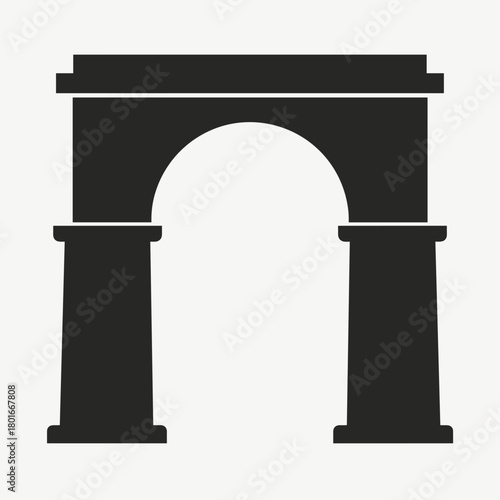 Simple triumphal arch in black on white background, showcasing architectural monument. Architectural monument represents gate or entrance and is isolated on a plain backdrop.