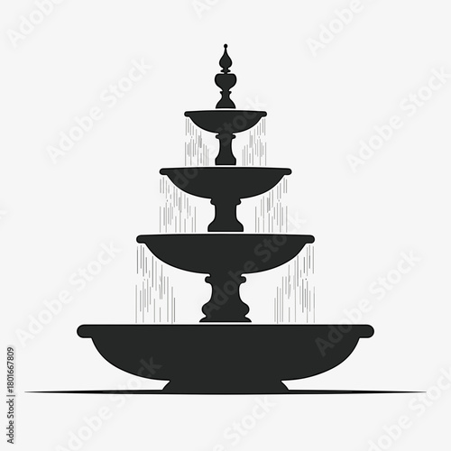 Isolated fountain silhouette with cascading tiers offers serene water feature. Water feature boasts classic tiered design for outdoor decoration, creating peaceful ambiance.