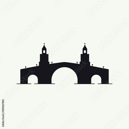 Bridge silhouette illustration displaying landmark against white backdrop. Architectural bridge silhouette is a simple, solid black, featuring towers.