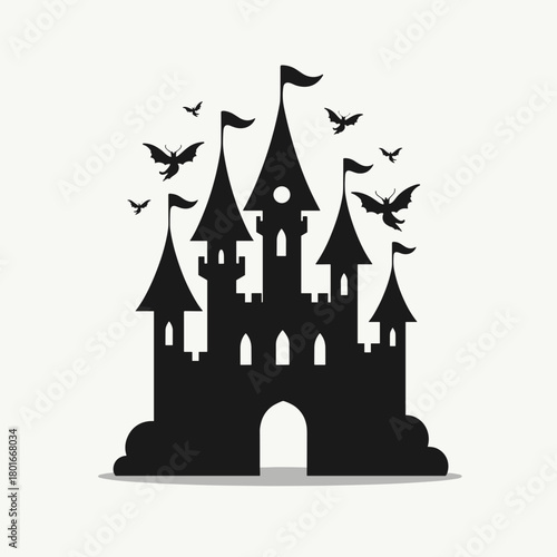 Spooky castle illustration with bats fluttering around its towers, representing Halloween. Spooky castle silhouette against neutral backdrop suggests haunted tales.