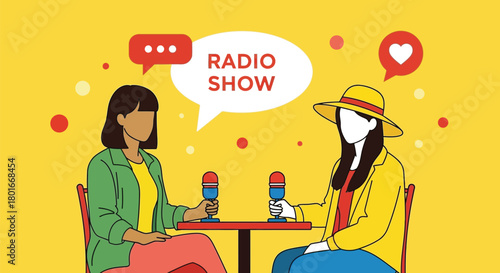 Two women hosting radio show podcast sharing ideas and connecting online