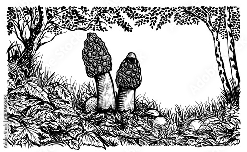 Phallus impudicus mushroom sketch in forest, common stinkhorn hand drawn vector illustration isolated on white