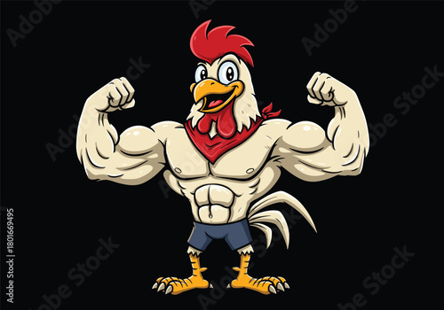 Cartoon muscular rooster flexing biceps, strong bodybuilding chicken mascot illustration, funny animal vector art for gym, sports, fitness, and humor design.