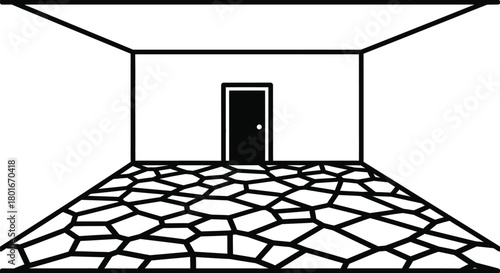 Modern room interior with geometric floor and closed door design