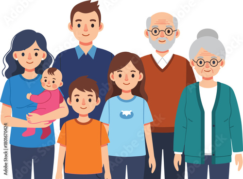 Cartoon multigenerational family illustration with grandparents, parents, children, baby, smiling diverse relatives together showing love, happiness, unity, support, bonding