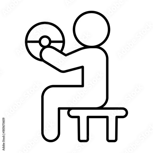 Human with barbell on chair thin line icon, body building concept. Vector graphics. Athlete man with heavy bar, sport training sign on white background, style icon mobile or web design.