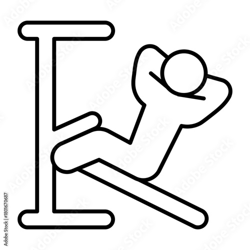 Human with exercise machine thin line icon, body building concept. Vector graphics. Athlete man doing abdomen training exercise sign on white background, style icon mobile or web design.