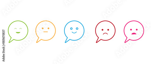Vector smiley chat bubble icons set, colorful emotion symbols, minimal graphic design illustration elements for business communication and user feedback signs.
