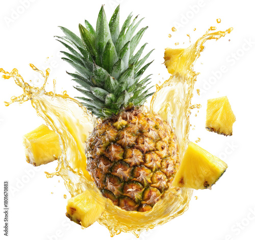 Exploding pineapple with juice splash vibrant fruit design on transparent background