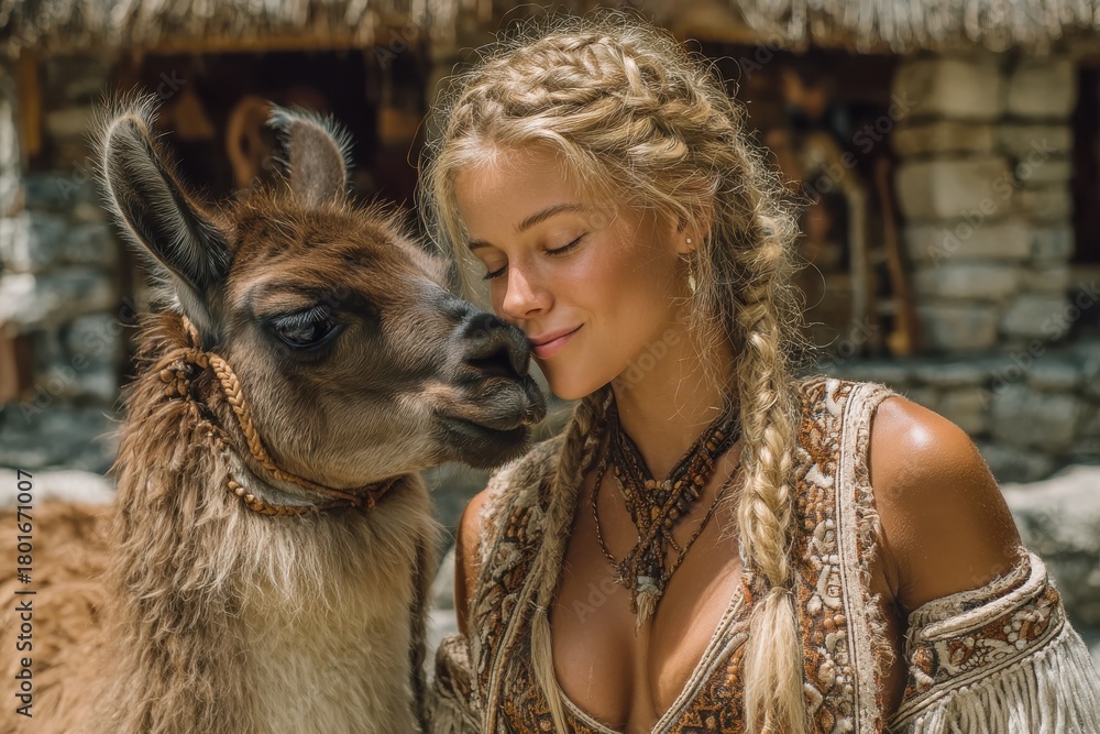 Obraz premium Woman joyfully bonding with a llama in a rustic setting outdoors