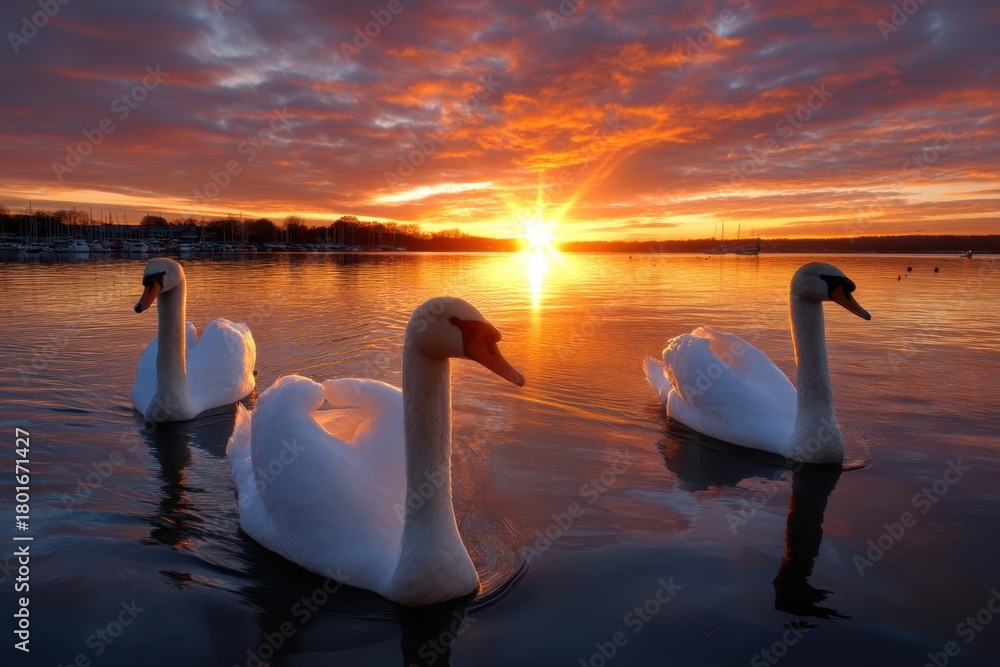 Fototapeta premium Elegant swans swim gracefully during a stunning sunset at the waterfront