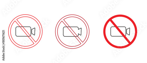 No Camera and No Video Prohibition Icons, Vector Warning, Caution, Forbidden Recording Signs Set with Red Circle, Stop Symbol, Alert and Safety Illustration Collection