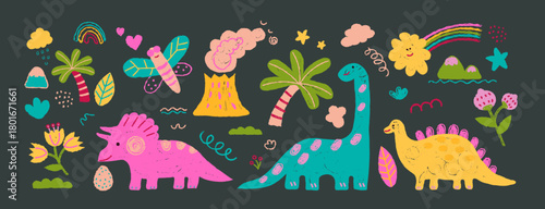 Cute crayon dinosaur set, doodle kids creature, colorful hand drawn illustration. Adorable dinosaurs with trees, flowers, volcano, and rainbow. Fun prehistoric creatures for children art projects.