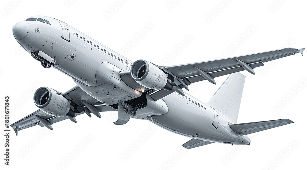 Fototapeta premium A white passenger airplane in flight detailed rendering on transparent background