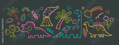 WebBright outline neon dinosaur set in a doodle style. Cute dinosaurs with volcano trees stars and rainbow on a dark background. Fun prehistoric creatures ideal for childrens art and design projects.
