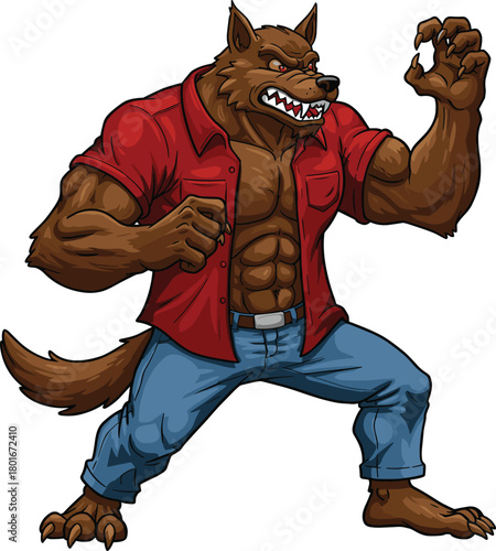Cartoon muscular werewolf character illustration with brown fur, claws, fierce expression, red shirt, blue jeans vector art for fantasy, horror, and Halloween design.