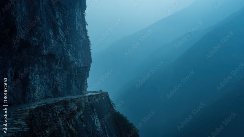 Naklejka premium dramatic mountain cliff road carved into the rock, deep abyss on one side, massive mountains rising on the other, moody blue tones, atmospheric haze