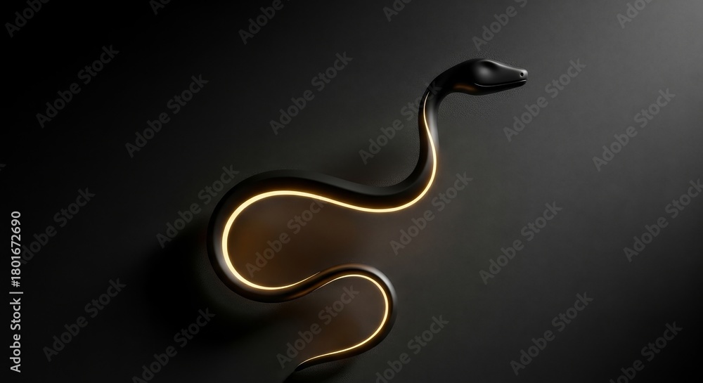 Obraz premium A black snake with a glowing yellow outline is positioned against a dark background