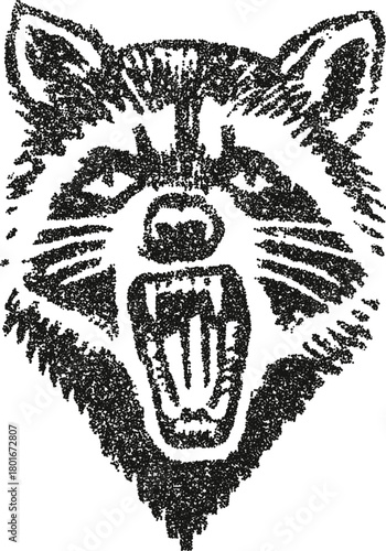 Roaring raccoon head shown from the front with its mouth wide open. An aggressive wildlife animal mascot illustrated in a rough stipple vector style.
