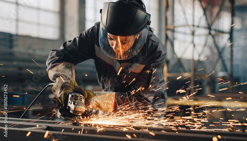 Skilled metalworker sparks innovation while grinding steel, showcasing industrial strength and safety in a modern manufacturing environment, sparks flying