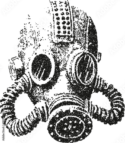 Vintage gas mask illustration in a detailed, gritty style. A retro icon of war, apocalypse, or chemical hazard rendered in stipple vector.
