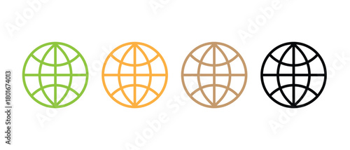 Vector globe icons set, modern world symbol collection with global network, internet, planet, web, earth outline design elements, minimal graphic illustration.