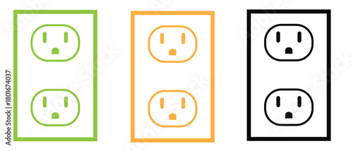 Vector electric outlet icons set, simple line art socket symbol collection, modern electrical power plug point illustration design for utility and safety signs.