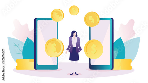 A professional businesswoman is depicted surrounded by a dynamic cascade of various international currency symbols representing global finance and economic success