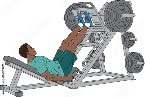 Cartoon person performing leg press exercise on gym machine, strength training vector illustration for fitness workout, bodybuilding, lower body muscle development