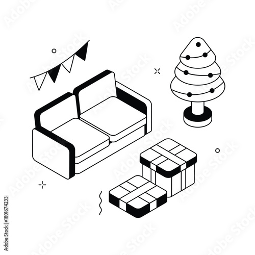 Festive living room with sofa, tree, and holiday gifts, isometric illustration