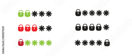 Vector password security icons set with locks, asterisks, protection symbols and login elements, isolated digital design collection for privacy and cybersecurity.