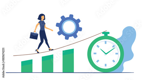 Businesswoman bravely walking a tightrope holding a briefcase symbolizing risk career challenges and financial responsibility