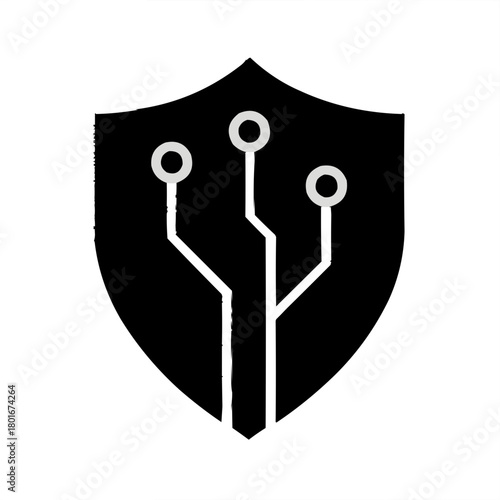 Black and white security shield icon vector illustration, a key symbol of metal safety and web access