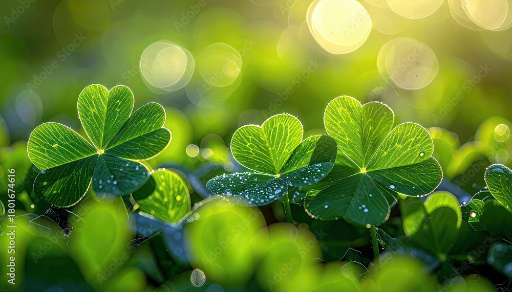 Fototapeta premium Three vibrant green clover leaves with visible veins and tiny water droplets are in sharp focus, set against a soft, blurred background of green foliage and gol