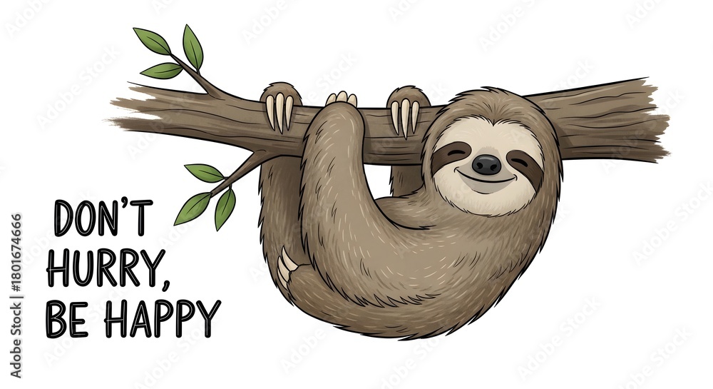 Obraz premium A cute, smiling sloth hanging lazily from a tree branch with a motivational quote about patience and happiness in a playful illustration style
