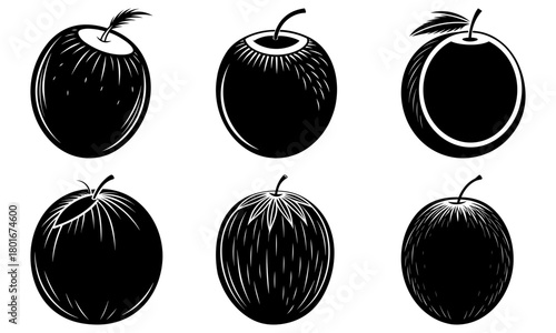 Illustration of six stylized plums with varying textures and leaf accents in black and white design