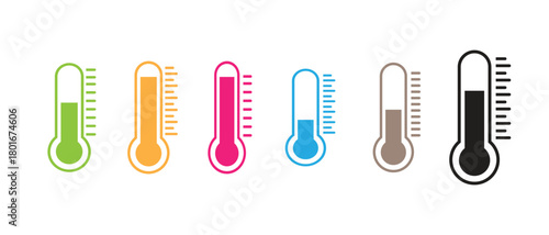 Colorful thermometer vector set with temperature scale icons, graphic design elements, isolated symbols for weather, climate, heat, cold, and measurement.