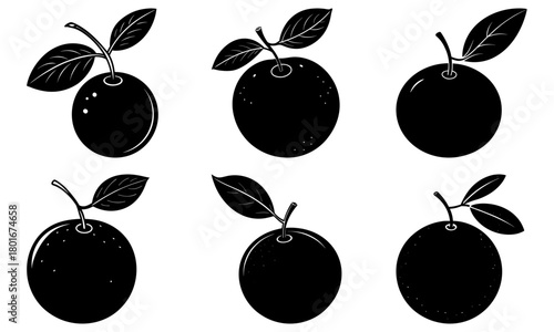 Illustration of six plums with leaves in black and white simple vector drawing style isolated on white background