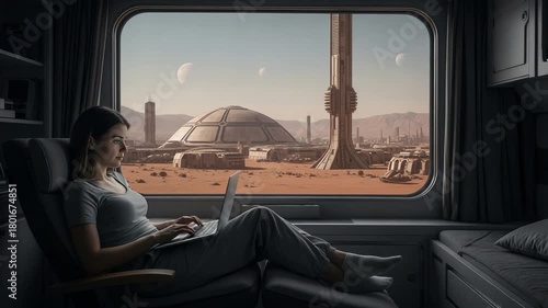 Individual engaging with technology amid celestial surroundings